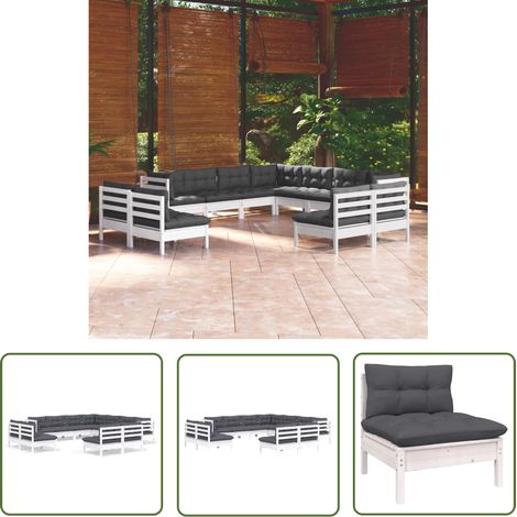 The Living Store 11-tlg. Garten-Lounge-Set mit Kissen Weiß Massivholz Kiefer - Gartenzubehör - Lounge Set - Gartenmöbel - Outdoor Möbel - Esstisch (1/5)