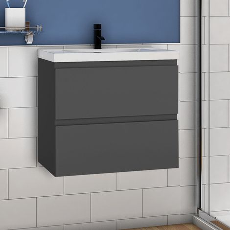 Acezanble Bathroom Vanity Unit with Resin Basin 600mm Wall Hung Base Cabinet Two Drawers Storage Grey (1/4)