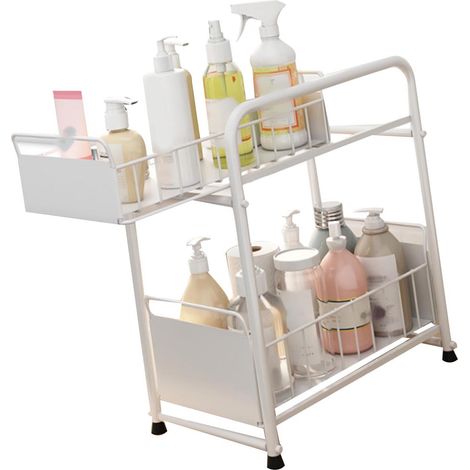 Étagère sous évier en acier carbone avec tiroir coulissant et étages pour rangement épices salle de bain cuisine petit format blanc (1/5)