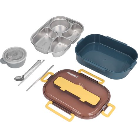 Boîte à lunch isotherme en acier inoxydable pour employés de bureau, étudiants et enfants (bleue et jaune, quatre compartiments pour bol à soupe, boîte à lunch individuelle) (1/5)