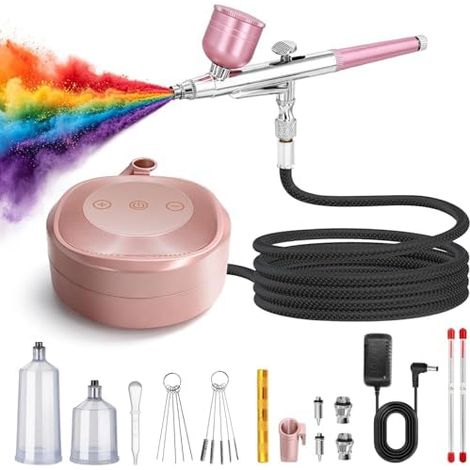 48 PSI Professional Airbrush Kit Airbrush Compressor Set with 0.2/0.3/0.5 mm Nozzles for Modelling, Nail Art, Makeup, Cake Decoration & DIY Creative Projects (Pink) (1/5)