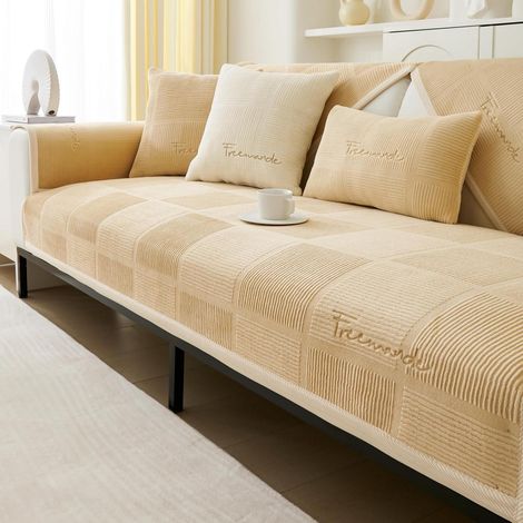 Samt Sofa Überwurf für 1-4 Sitzer, rutschfest, Ecksofa, Kaffeefarbe 90x210cm