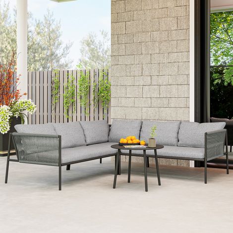 Conjunto Jardín Exterior de Ratán con 2 Sofás de 2 Plazas Sofá Esquina Mesa Redonda Cojines Terraza Gris Oscuro (1/5)