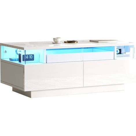 Table basse LED blanche brillante 90 x 45 x 35,5 cm avec plateau amovible, 2 tiroirs en acrylique et côtés en verre trempé pour salon moderne  CHICFURN (1/5)