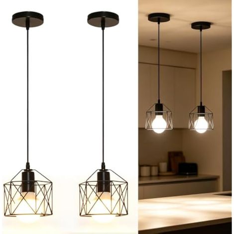 Lot de 2 Suspensions Vintage E27 Noires, Suspension Industrielle avec Abat-Jour Cage en Métal, Lampe Suspendue Rétro pour Cuisine, Salle à Manger, Salon, Chambre (Ampoule Non Incluse) (1/5)
