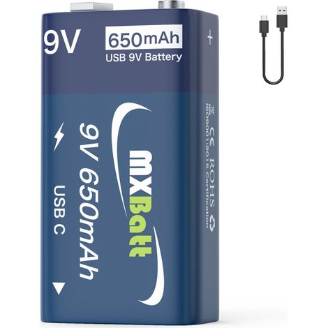 Pile 9V Rechargeable USB-C, 650mAh 800 cycles de charge, Pour détecteurs de fumée, alarmes incendie, détecteurs de monoxyde de carbone, systèmes d’alarme (1/5)