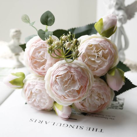 Bouquet De Fleurs Artificielles - Pivoines En Soie - Décoration Mariage Fête Des Amoureux Noël - 5 Têtes Par Bouquet