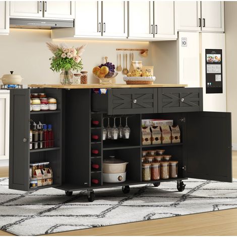 Isla de cocina plegable, 120x45(70)x89 cm, con 1 puerta, 2 cajones, estante para vino, MDF, negro (1/5)