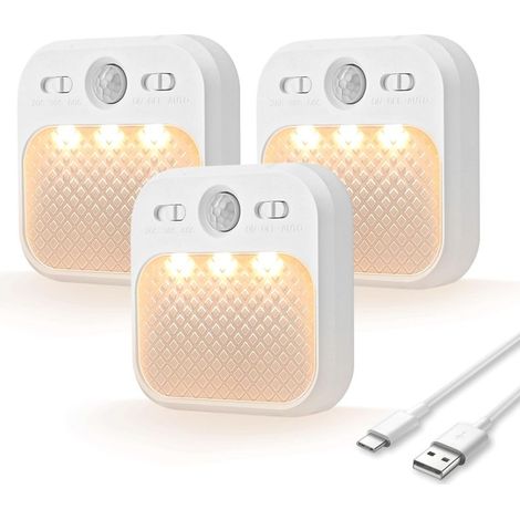 Lampe Detecteur de Mouvement Interieur[30 jours en veille], Veilleuse Enfant LED avec 3 Couleurs de Lumière, Magnétique Adhésive pour Couloir, Escalier, Chambre, Salon, 3 pièces [Classe énergétique A+ (1/5)