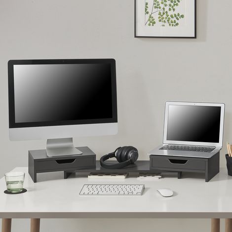 Supporto di Rialzo Monitor 'Marttila' Stand per 2 Schermi - Base con Cassetti - Grigio Scuro [en.casa]