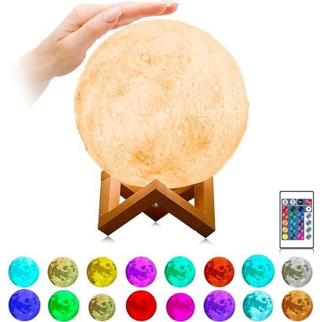 Lampe lune décorative - THE REPLICANT - Modèle 12 cm - 16 couleurs LED - Rechargeable USB - Support bois