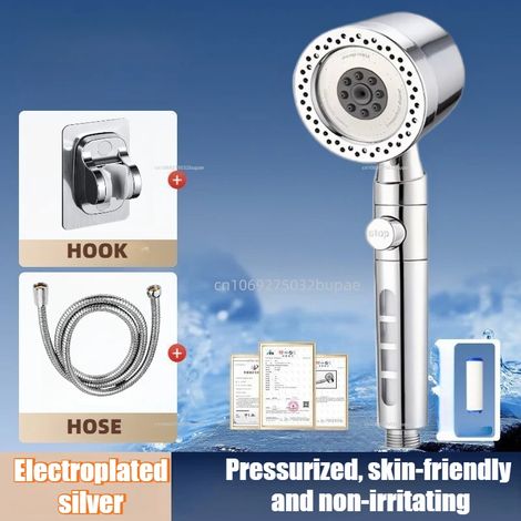 (Lot de 3 argentés) Pommeau de douche portable ABS 5 jets, haute pression, grand débit, avec filtre spa et bouton d'arrêt, buse universelle pour salle de bain (1/5)