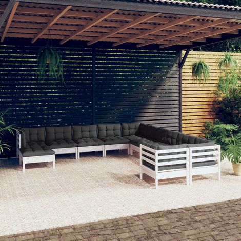 11-tlg. Garten-Lounge-Set mit Kissen Weiß Kiefernholz (1/5)