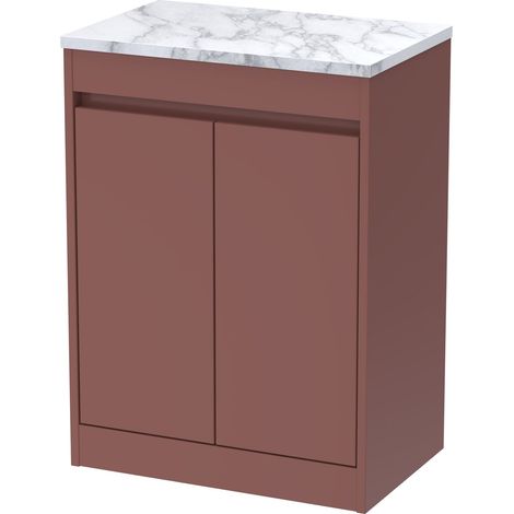 Chartley Contemporary Floor Standing 2 Door Vanity Unit with Carrera Marble Laminate Worktop, 600mm, Smoked Red (1/4)