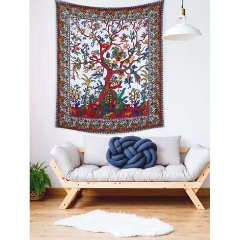 Tapis mural blanc Arbre de Vie Psychédélique, Coton indien, Couvre-lit Double 200x150 cm, Décoration murale et de plafond, Nappe de pique-nique (1/5)