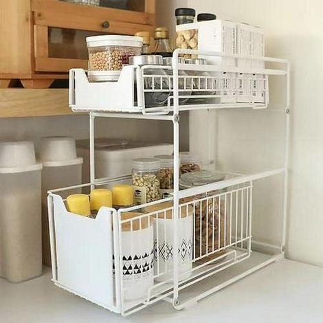 Organiseur sous évier, Panier de Rangement Coulissant à 2 Niveaux Étagère rangement évier avec tiroir coulissant pour la cuisine et salle bain (blanc-1PC) Blanc-1pc -'Blanc-1pc'Blanc-1pc'-