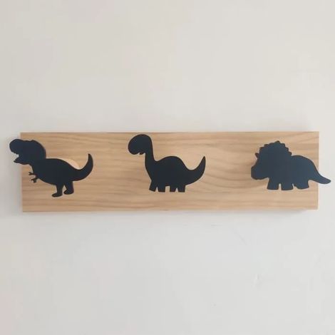 Patère - Enfants - Dinosaure - Bois - Noir - 3 Crochets pour Chambre de Garçon (1/4)
