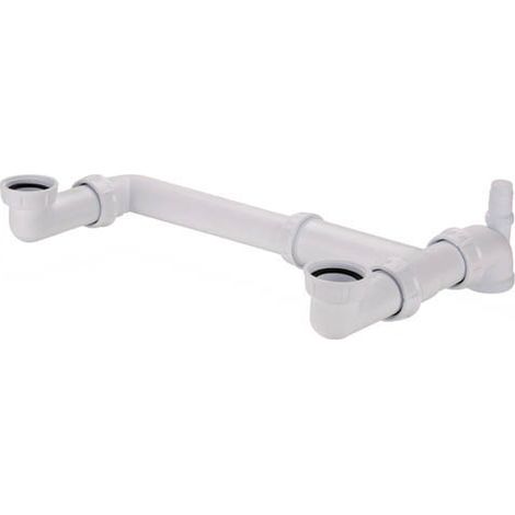 Tubulure universelle évier 2 cuves NF – Gain de place pour éviers égaux ou décalés – Sortie J.C. Ø40 mm – Ecrous ergonomiques pour montage rapide – SAS