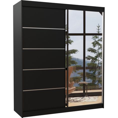 Armoire de chambre design noir 2 portes coulissantes bois noir et alu avec miroir Karena 180cm (1/5)
