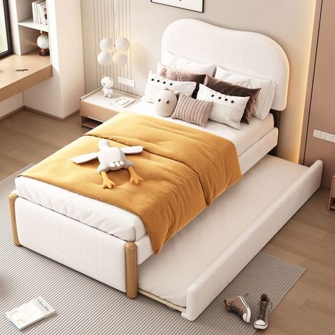 Lit simple 90x200cm/90x190cm -sogeu- Lit enfant 1 personne Lit rembourré, avec lit escamotable pratique, design minimaliste, blanc (1/5)