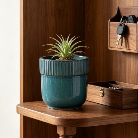 VVBV Pot de fleurs en céramique, Ø 23 cm, fait main, résistant au gel, trou de drainage, finition brillante, Bleu (1/5)