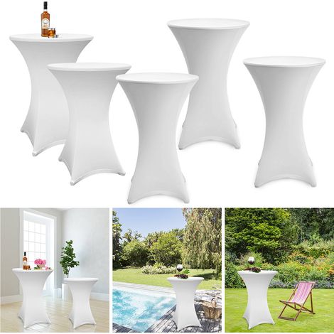 Randaco 5er Set Stehtischhusse Stretch Weiß – Elastische Husse für Bistrotisch Ø 80–85 × 110 cm mit 4 Fußlaschen (1/5)