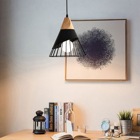 Lustre Suspension Industrielle E27 Cage en Fer et Bois Luminaire Style Contemporain pour Chambre Salon Cuisine Noir (1/5)