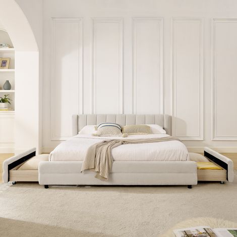 Cama 160x200 cm de chenilla beige con 4 cajones, cabecero ergonómico y puertos USB/USB-C (1/5)