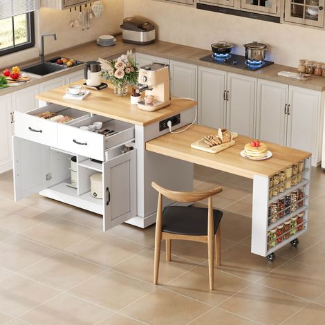 Isola cucina 132(235)x70x90 cm con tavolo allungabile 115 cm, prese + USB, 7 ruote, MDF bianco/rovere (1/5)