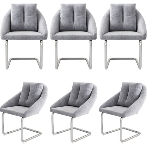 Silla de comedor de terciopelo gris, juego de 6, con cojín y base metálica curvada (1/5)
