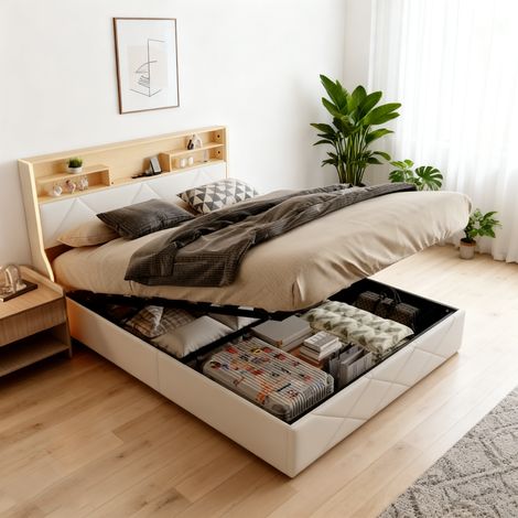 lit coffre140x200, lit capitonné 140x200cm avec Sommier à Lattes, Lit Adulte avec LED, Cadre de Lit pour 2 Personne, blanc, PU