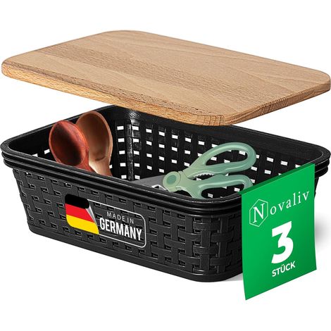 Novaliv lot de 3 boîtes de rangement avec couvercles en bois pour la cuisine, 1L, noir, plastique, aspect rotin, rangement et organisation de la