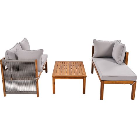 Conjunto de Jardín de 5 Plazas en Madera con Mesa, 2 Sofás con Reposabrazos de Cuerda Trenzada y Cojines Gruesos, Gris (1/5)