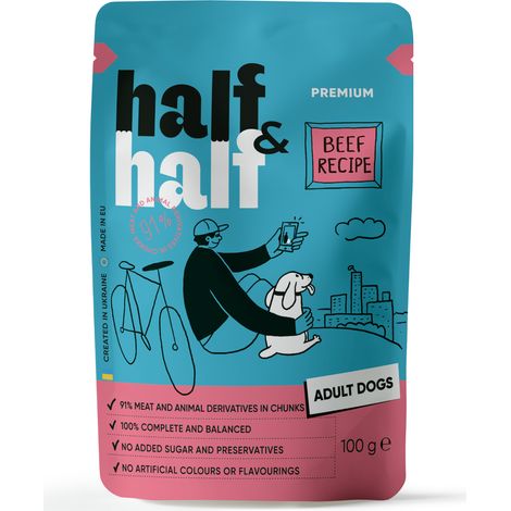Alimento umido premium per cani adulti Half&half, gusto manzo, in bustina da 100 g (1/4)