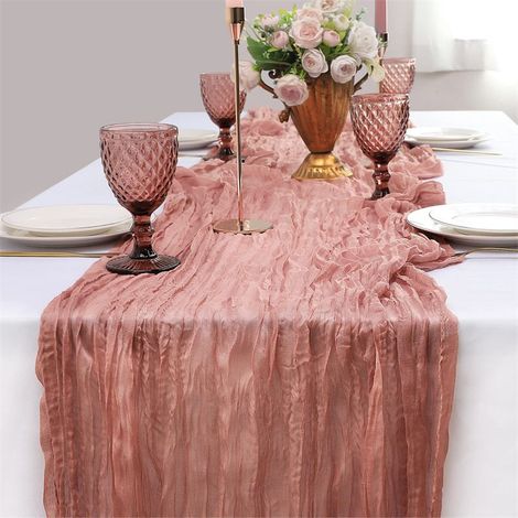 Chemin de Table en Gaze , 90 x 400cm Gaze Translucide Rustique, Chemin de Table Boho, Nappe en Mousseline de Soie Bleu pour Mariage Douche, Rose (1/5)