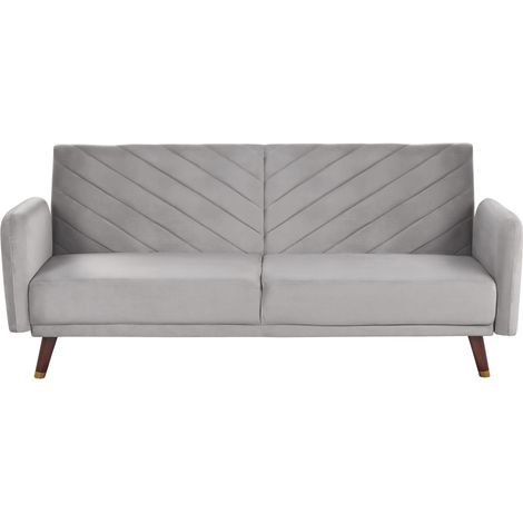 Sofa Bed Light Grey Velvet Fabric Modern Living Room 3 Seater Wooden Legs Track Arm SENJA