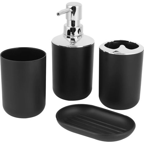 Ensemble de toilette simple en plastique noir (4 pièces) comprenant un distributeur de savon, un gobelet, un gobelet pour bain de bouche et un porte-savon. (1/5)