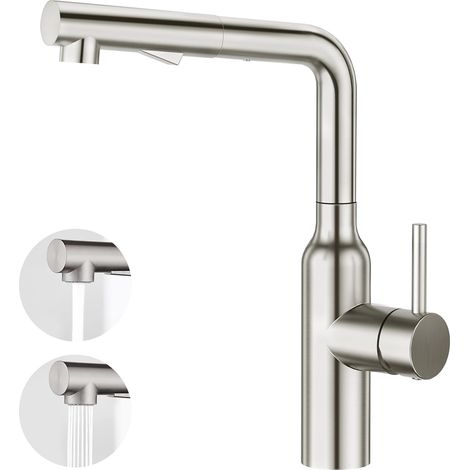 Robinet Mitigeur D'évier de Cuisine avec Douchette Extractible, Robinet pour Cuisine à Monolevier avec pulvérisation Nagnétique Rétractable, Acier Inoxydable brossé mat (1/5)