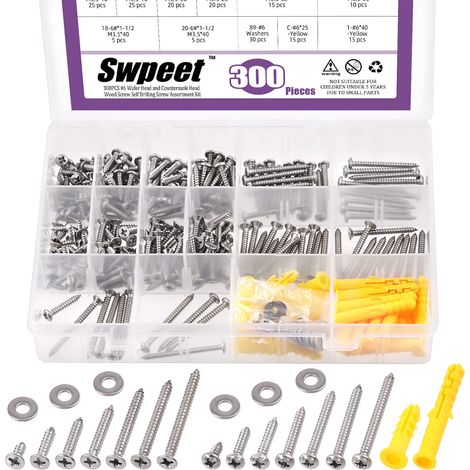 300 pièces vis à tôle 6 x 0,95 cm, 1,59 cm, 1,91 cm, 3,18 cm, 3,49 cm, 3,81 cm en acier inoxydable 304, à tête plate, auto-taraudeuses à séchage rapide, vis murales sèches (1/5)