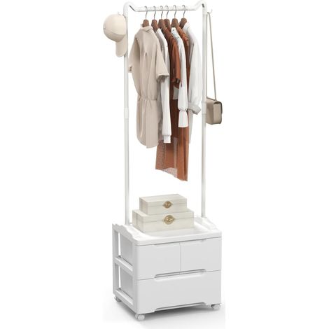 Goplus – Porte-vêtements à roulettes avec tiroirs – Tige de suspension en acier – Crochets latéraux – Dimensions 46x38x157cm – Capacité 10kg (1/5)