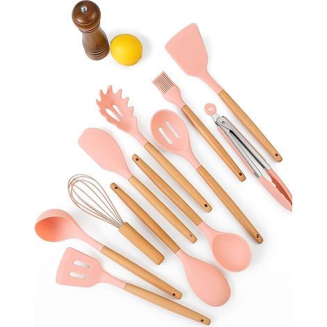 Coffret de 12 ustensiles de cuisine en silicone, manche en bois, pour poêles antiadhésives, couleur rose (1/5)