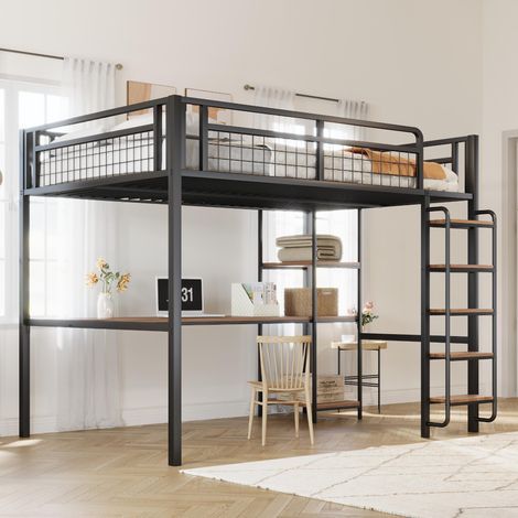 Lit mezzanine en métal 140x200cm, échelle de sécurité avec escalier, lit enfant avec table et étagère, lit junior/adulte, barrière de sécurité en grillage métallique, noir, garantie 2 ans