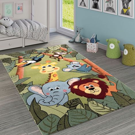 Tapis enfant jungle animaux vert 80x150 cm – 100% polypropylène – Hauteur de poils 12 mm – Anti-salissures et adapté au chauffage au sol (1/5)