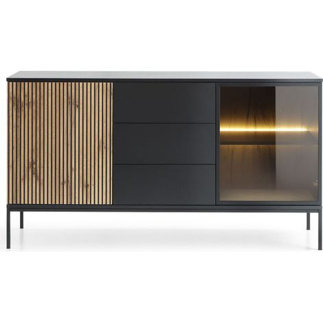 Commode large moderne et façade cannelée 154×83×39 cm, Noir / Chêne Wotan (1/5)