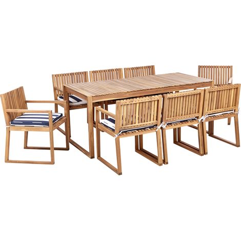 Conjunto de jardín 8 plazas rústico de madera de acacia certificada sillas con cojines de asiento azul marino y blanco Sassari II (1/5)