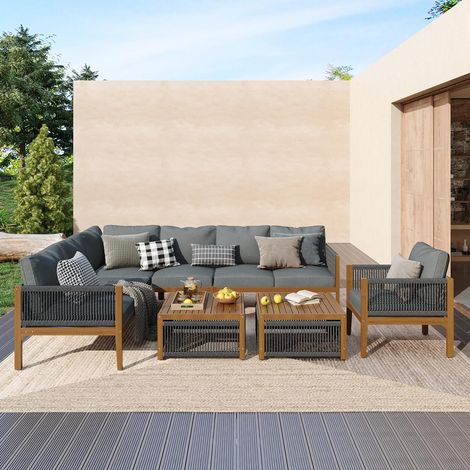 Salon de jardin, Salon de jardin bas 7-8 personnes avec 2 tables basses, Bois d'acacia massif et corde tressée style bohème chic, Naturel et Gris