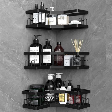 Rangement Salle de Bain, 3 Pcs Noir Etagere Salle de Bain Accessoire sans Percage, Acier au Carbone Etagere Douche avec Adhésif, Rangement Douche (1/5)