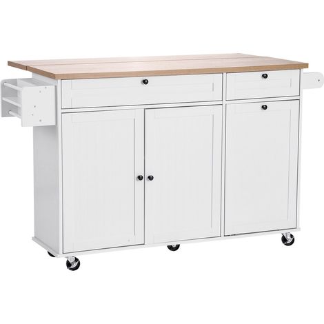 Chariot îlot cuisine 153 cm, rangement intégré, plateau rabattable, 2 tiroirs, poubelle, porte-couteaux, étagère à épices (1/5)