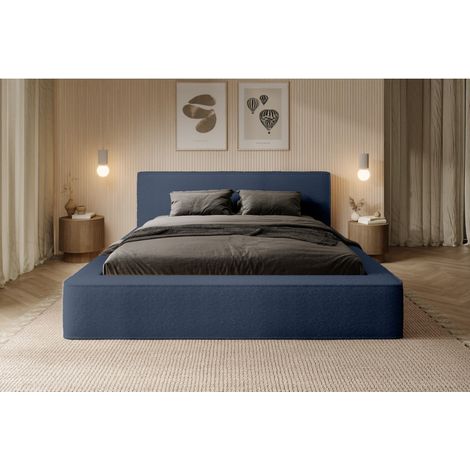 Lit coffre VELORA – Stahlblau bouclé – 140x200 cm – Weicher Samtstoff – Hochklappbarer Lattenrost – Integrierter Stauraum