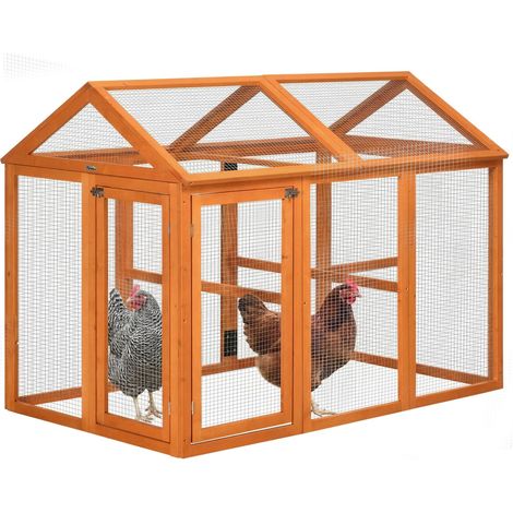 Gallinero de madera con múltiples puertas y malla metálica, 140x88,5x106cm, naranja. (1/5)